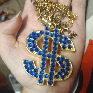 Gold and Blue Money Dollar Symbol Necklace